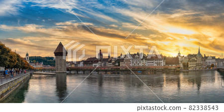 Lucerne (Luzern) Switzerland, panorama sunset city skyline at Chapel Bridge with autumn foliage season 82338543