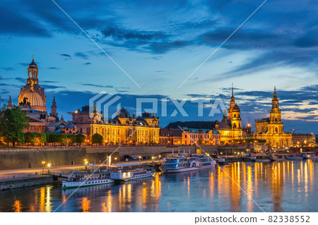 Dresden Germany, night city skyline at Elbe River and Augustus Bridge 82338552