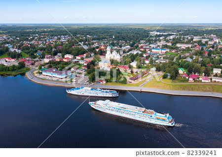 Aerial view of the city of Myshkin and Volga river. Russia 82339241