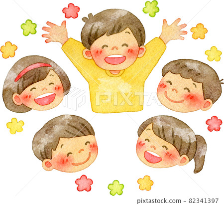 Watercolor illustration of a smiling boy surrounded by a circle of friends 82341397
