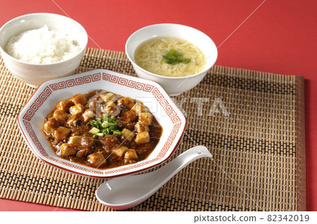 Sichuan mapo tofu with lots of tofu, rice, egg soup and lotus 82342019