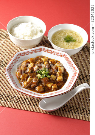 Sichuan mapo tofu with lots of tofu, rice, egg soup and lotus 82342023