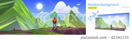 Parallax background with mountains and hiker man 82342135