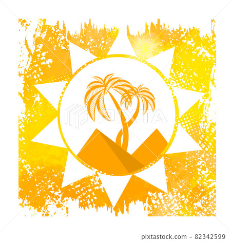 White sun on a yellow background. Abstraction of the pyramid of Egypt. Hello summer. Vector illustration 82342599