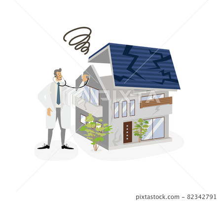 一個穿實驗室外套的男人診斷房子的矢量圖 82342791