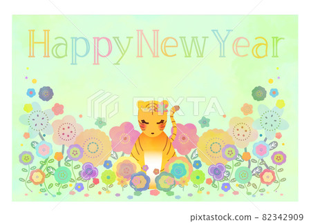 新年賀卡老虎可愛花田背景 新年賀卡老虎可愛花田背景 82342909