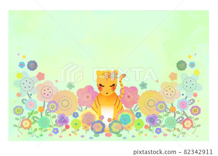 New Year's card tiger cute flower field without letters background 82342911