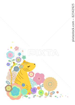 新年賀卡老虎可愛的花田白色背景 82342925