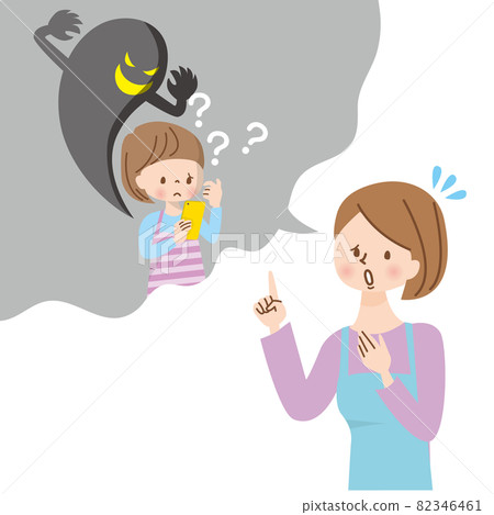 Mother worried about shadows creeping on children using smartphones 82346461