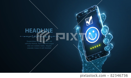 Feedback. Positive, customer feedback or review with happy smile face icon on phone. 82346736