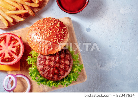 Burger ingredients, shot from the top with a place for text 82347634