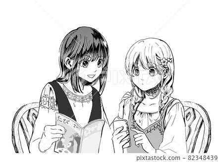Monochrome illustration of two friends planning a girls' trip No background Monochrome illustration of two friends planning a girls' trip No background 82348439