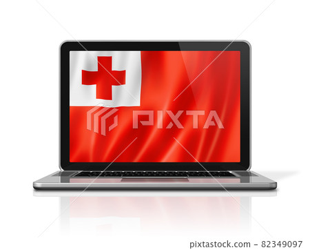 Tonga flag on laptop screen isolated on white. 3D illustration 82349097