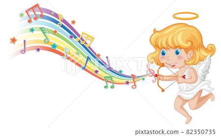 Cupid girl holding bow and arrow with melody symbols on rainbow Cupid girl holding bow and arrow with melody symbols on rainbow 82350735