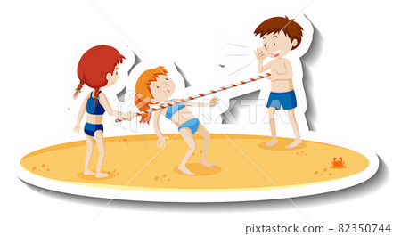 Kids in swimsuite playing limbo dance at the beach Kids in swimsuite playing limbo dance at the beach 82350744