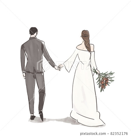 Bride and groom holding hands, backs of men and women, weddings, weddings, bouquets, flowers, dresses, Bride and groom holding hands, backs of men and women, weddings, weddings, bouquets, flowers, dresses, 82352176