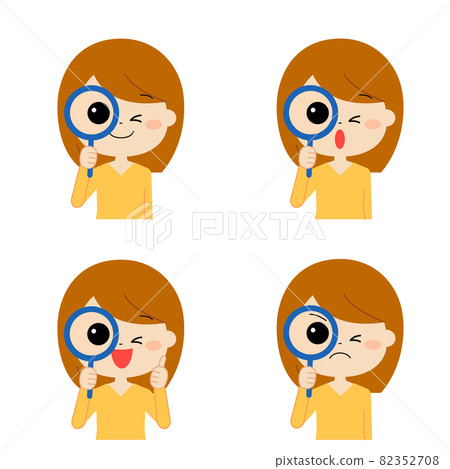 一組閉上眼睛用放大鏡仔細看的女人 82352708