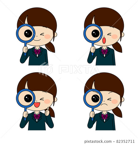 Female student set with one eye closed and looking closely with a magnifying glass 82352711