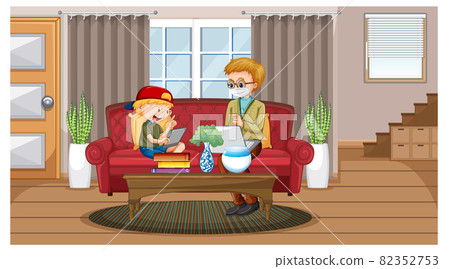 Boy learning from home on electronic device Boy learning from home on electronic device 82352753