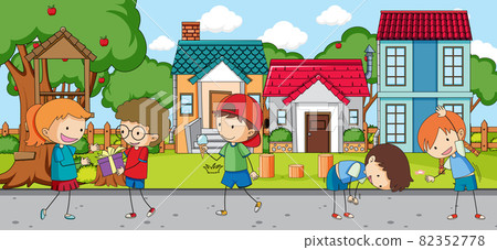 Outdoor scene with many kids playing in the park - Stock Illustration ...