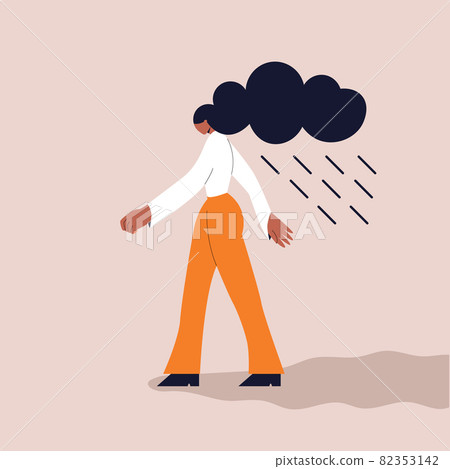 Depressed black skin female character with a cloud and rain over her head. The concept of depression, self-isolation, loneliness, bad mood and mental disorders. Vector illustration in a flat style. Depressed black skin female character with a cloud and rain over her head. The concept of depression, self-isolation, loneliness, bad mood and mental disorders. Vector illustration in a flat style. 82353142