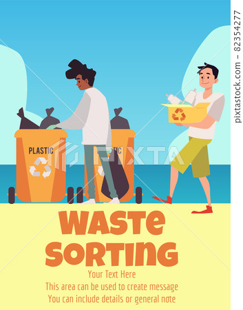 Waste sorting banner with volunteers pick garbage, flat vector illustration. 82354277