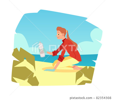 Beach with volunteer picking plastic for recycling vector illustration isolated. Beach with volunteer picking plastic for recycling vector illustration isolated. 82354308