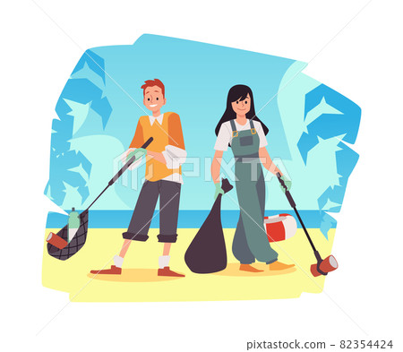 Volunteers at coastal cleanup event, flat vector illustration isolated. 82354424