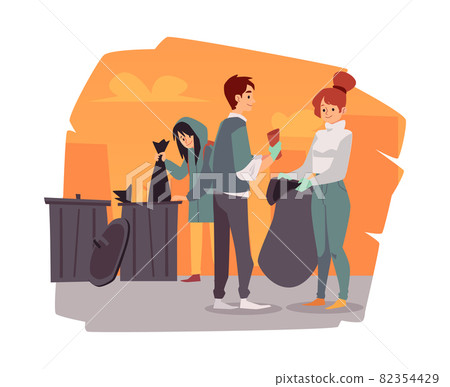 Volunteering people collect garbage on streets flat vector illustration isolated. Volunteering people collect garbage on streets flat vector illustration isolated. 82354429