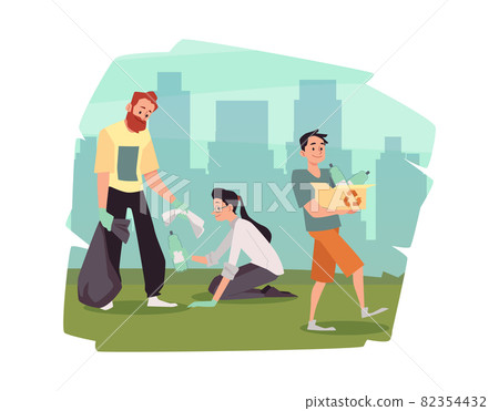 City backdrop with volunteers collect garbage flat vector illustration isolated. City backdrop with volunteers collect garbage flat vector illustration isolated. 82354432