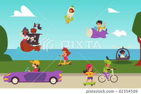Banner with kids on land, marine and air transport, flat vector illustration. Banner with kids on land, marine and air transport, flat vector illustration. 82354509