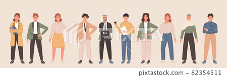 Business multinational character team in different pose. Diverse office worker people set standing in line. Vector illustration Business multinational character team in different pose. Diverse office worker people set standing in line. Vector illustration 82354511