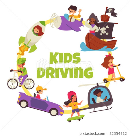 Banner with kids driving different transportation vector illustration isolated. 82354512