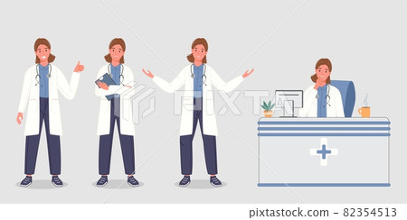 Male doctor set in different pose. Group of medical professional workers in sanitary uniform. Man physician character standing in line. Vector illustration Male doctor set in different pose. Group of medical professional workers in sanitary uniform. Man physician character standing in line. Vector illustration 82354513