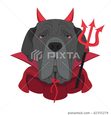Halloween greeting card. Neapolitan Mastiff dog dressed as a devil with red horns and cape, and a black and red trident Halloween greeting card. Neapolitan Mastiff dog dressed as a devil with red horns and cape, and a black and red trident 82355274