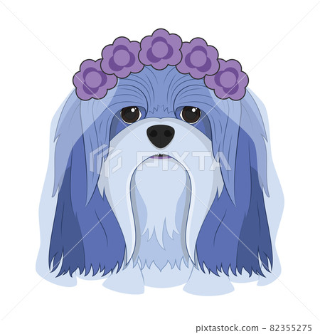 Halloween greeting card. Lhasa Apso dog dressed as a ghost with purple flowers on his head and a wedding veil Halloween greeting card. Lhasa Apso dog dressed as a ghost with purple flowers on his head and a wedding veil 82355275