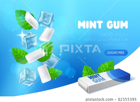 Mint chewing gum. Peppermint bubblegum pads. Realistic advertising banner template. Herbal fresh taste candies for oral health and hygiene. Vector poster with spearmint leaves and ice 82355395