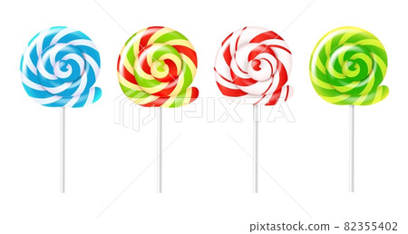 Spiral lollipops. Realistic different colors round candies, sucking sweets, swirling striped caramel on stick, sugar kids dessert, fruit confectionery vector transparent on white set Spiral lollipops. Realistic different colors round candies, sucking sweets, swirling striped caramel on stick, sugar kids dessert, fruit confectionery vector transparent on white set 82355402