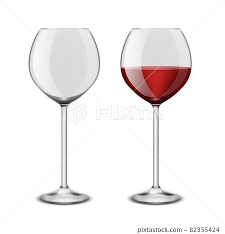Wine glasses realistic. Restaurant glassware isolated on white background. Red alcoholic drink, empty blank and full wineglass, graphic design element, vector 3d illustration Wine glasses realistic. Restaurant glassware isolated on white background. Red alcoholic drink, empty blank and full wineglass, graphic design element, vector 3d illustration 82355424
