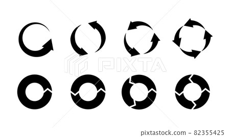 Recycling icons. Black silhouette environmental signs. Circle arrows isolated labels. Bio garbage. Reuse trash. Biodegradable waste. Cycle pictogram. Vector ecological graphic symbols set Recycling icons. Black silhouette environmental signs. Circle arrows isolated labels. Bio garbage. Reuse trash. Biodegradable waste. Cycle pictogram. Vector ecological graphic symbols set 82355425