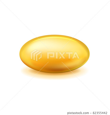 Capsule oil. Realistic pill vitamin omega 3. Organic fish fatty acid. Medical diet nutrient. Cosmetic transparent serum tablet. Health care food supplement. Vector yellow essence drug 82355442