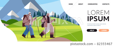 senior african american man woman hikers traveling together with backpacks active old age physical activities 82355467