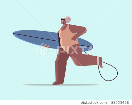 senior woman with surf board aged african american surfer holding surfboard summer vacation active old age concept 82355468