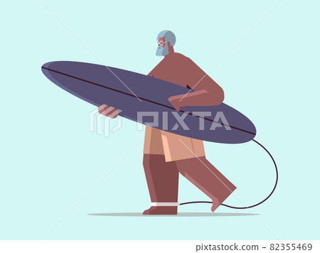 senior man with surf board aged african american surfer holding surfboard summer vacation active old age concept 82355469