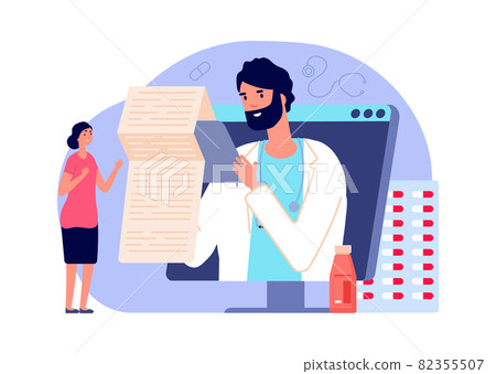 Online diagnosis. Medical rx, telemedicine concept. Woman in online pharmacy buy medications and pills vector scene 82355507