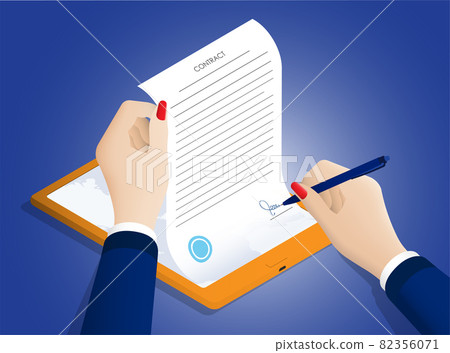 Isometric Concept. Business woman hand signs digital contract, long term agreement in tablet. Conclusion of transactions and certification of documents with digital signature. Vector 82356071