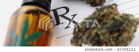 Jar of marijuana extract and dried herb lying on blank medical prescription closeup Jar of marijuana extract and dried herb lying on blank medical prescription closeup 82356122