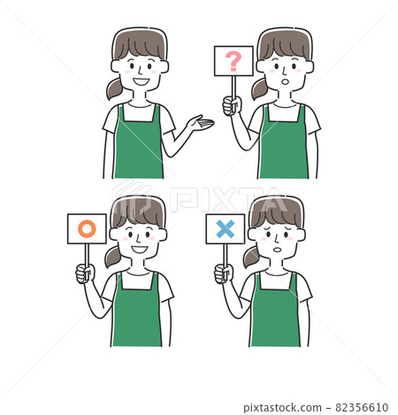 A set of clerk wearing an apron holding a tag with a circle, a cross, and a hatena 82356610