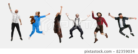 Collage of happy people, professor, vet, barber, smith and chef jumping isolated on white studio background. Horizontal flyer, collage 82359034