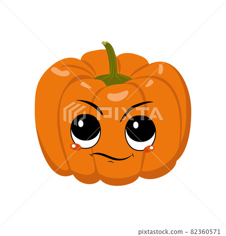 Cute pumpkin character with emotions of suspicious, displeased face. Festive decoration for Halloween. Annoyed vegetable hero Cute pumpkin character with emotions of suspicious, displeased face. Festive decoration for Halloween. Annoyed vegetable hero 82360571